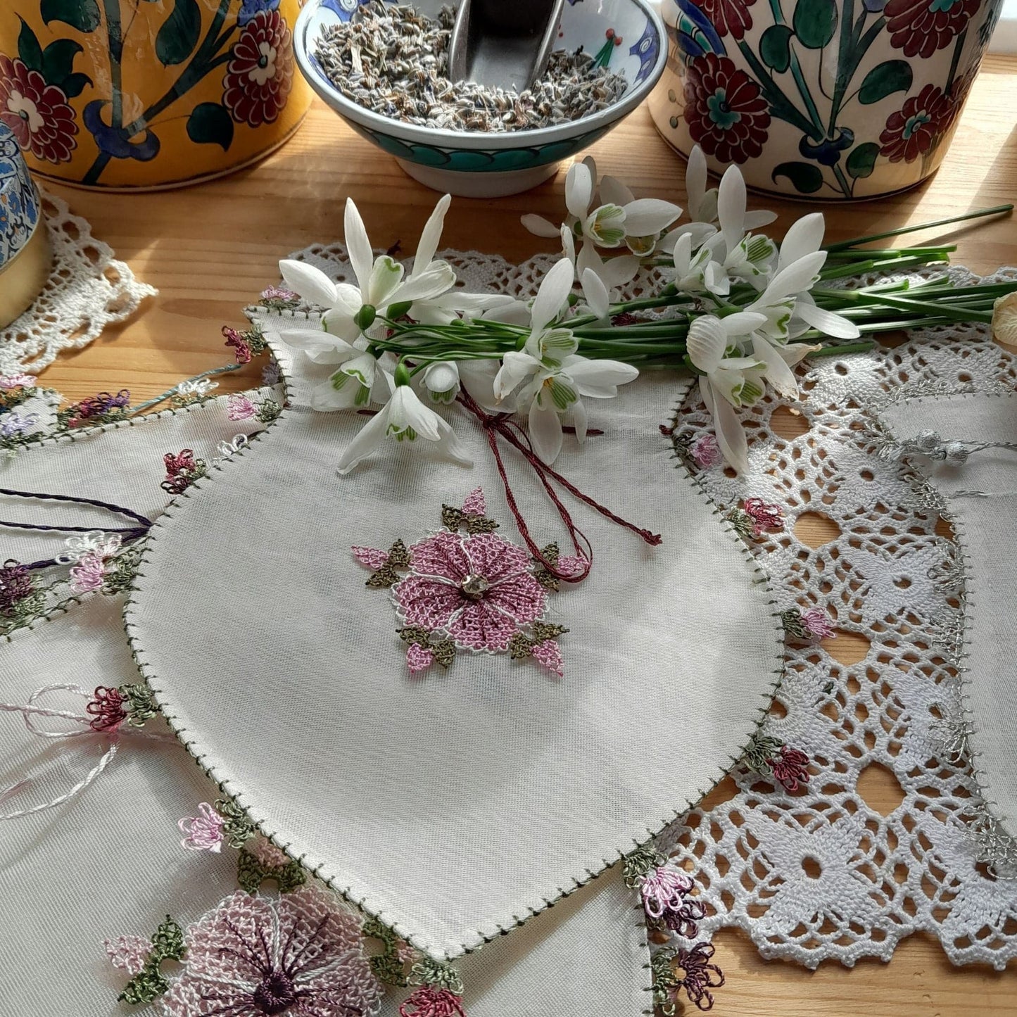 large handmade Turkish silk pouches, rose colour, needle lace hem, floral motifs