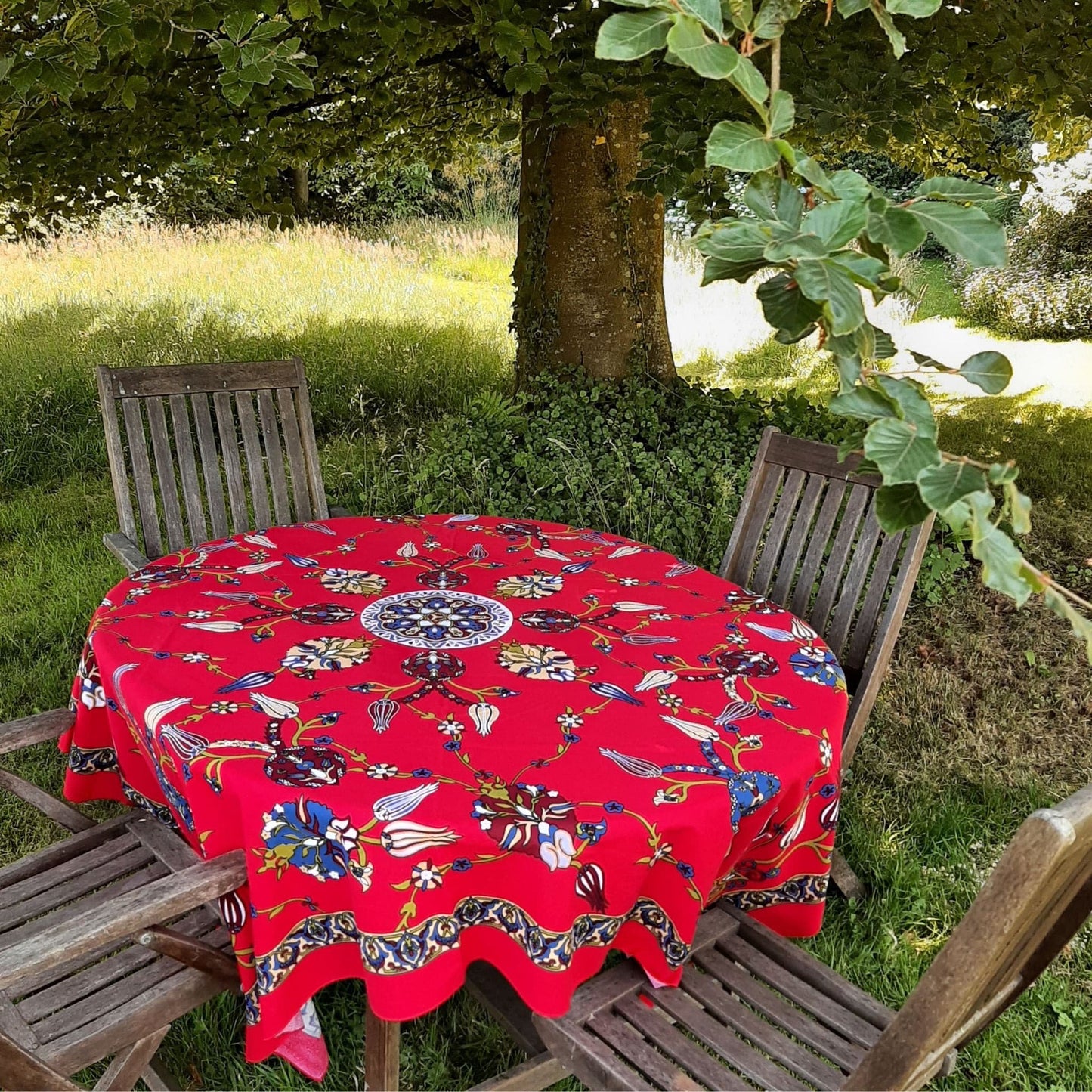 large Turkish cotton tablecloth, scarlet red colour, multi colour tulip floral  motifs