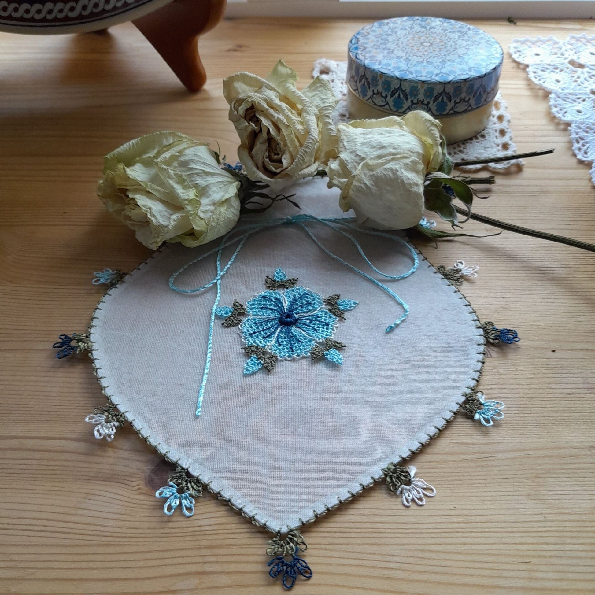 large handmade Turkish silk pouches, blue colour, needle lace hem, floral motifs