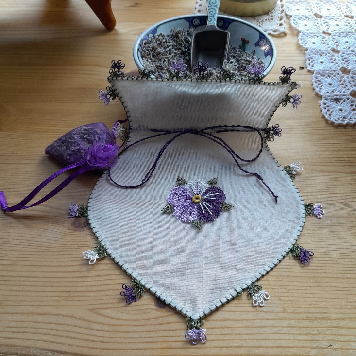 large handmade Turkish silk pouches, purple colour, needle lace hem, floral motifs