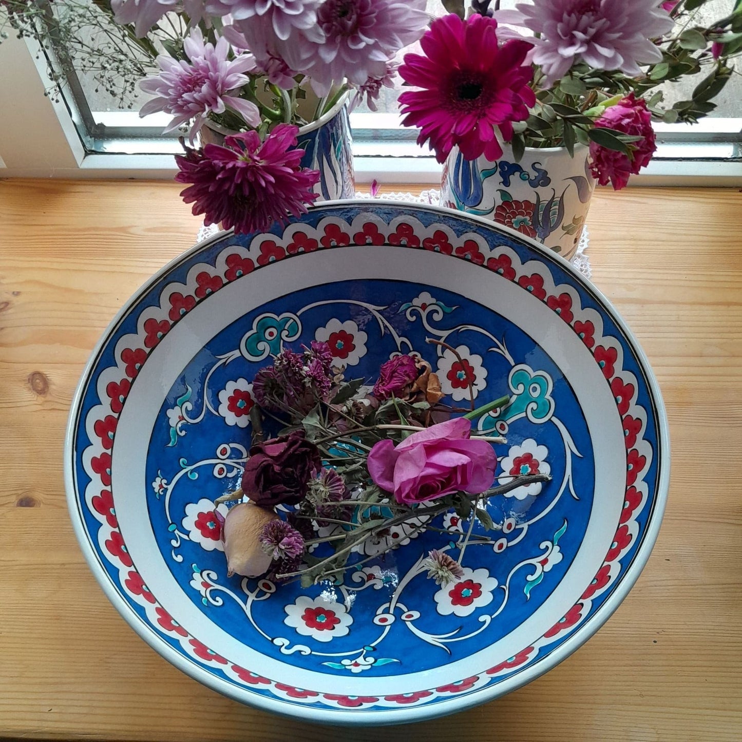 large Iznik bowl, handmade, blue floral design