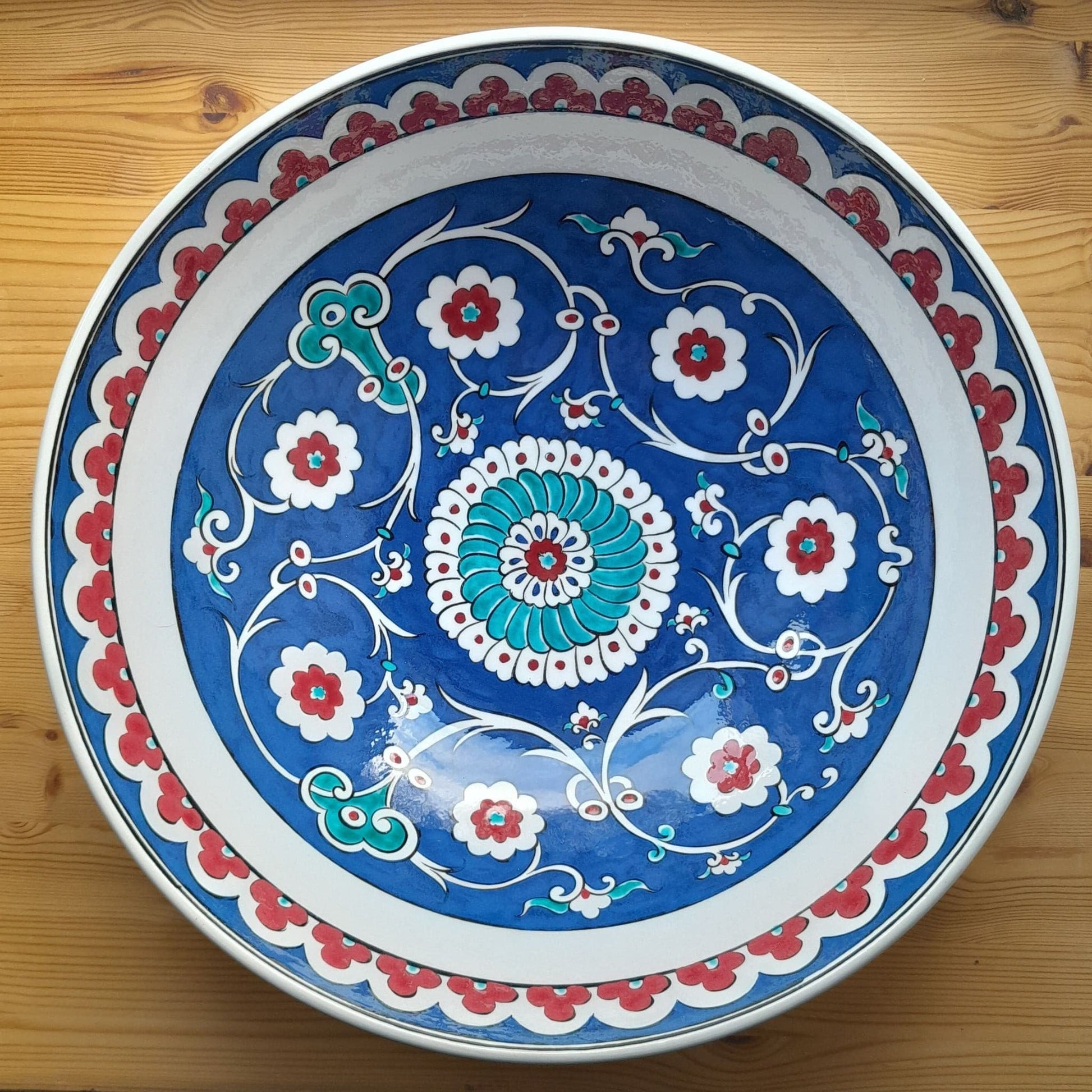 large Iznik bowl, handmade, blue floral design