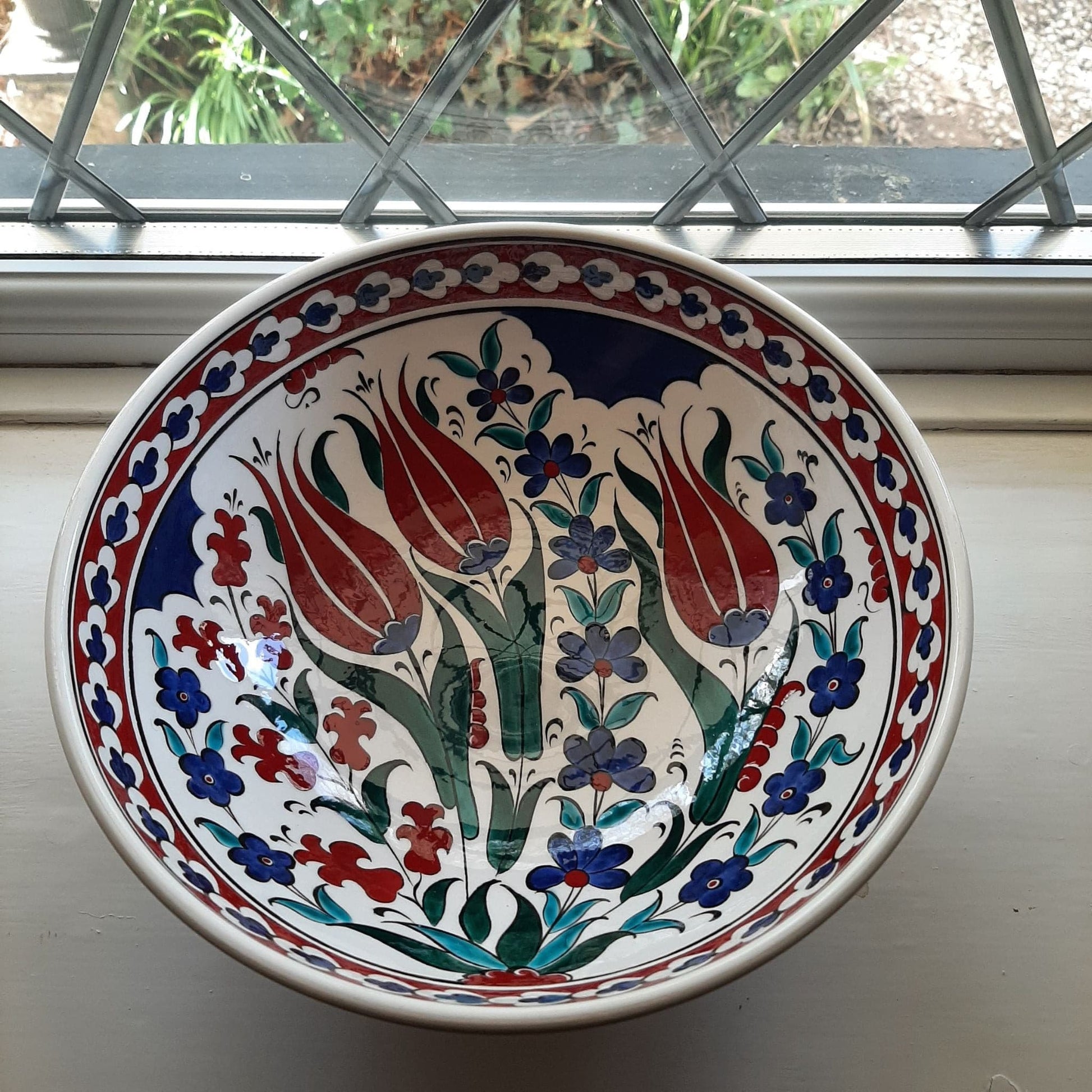 Large Iznik ceramic Bowl, Handmade, red tulip design, white colour base