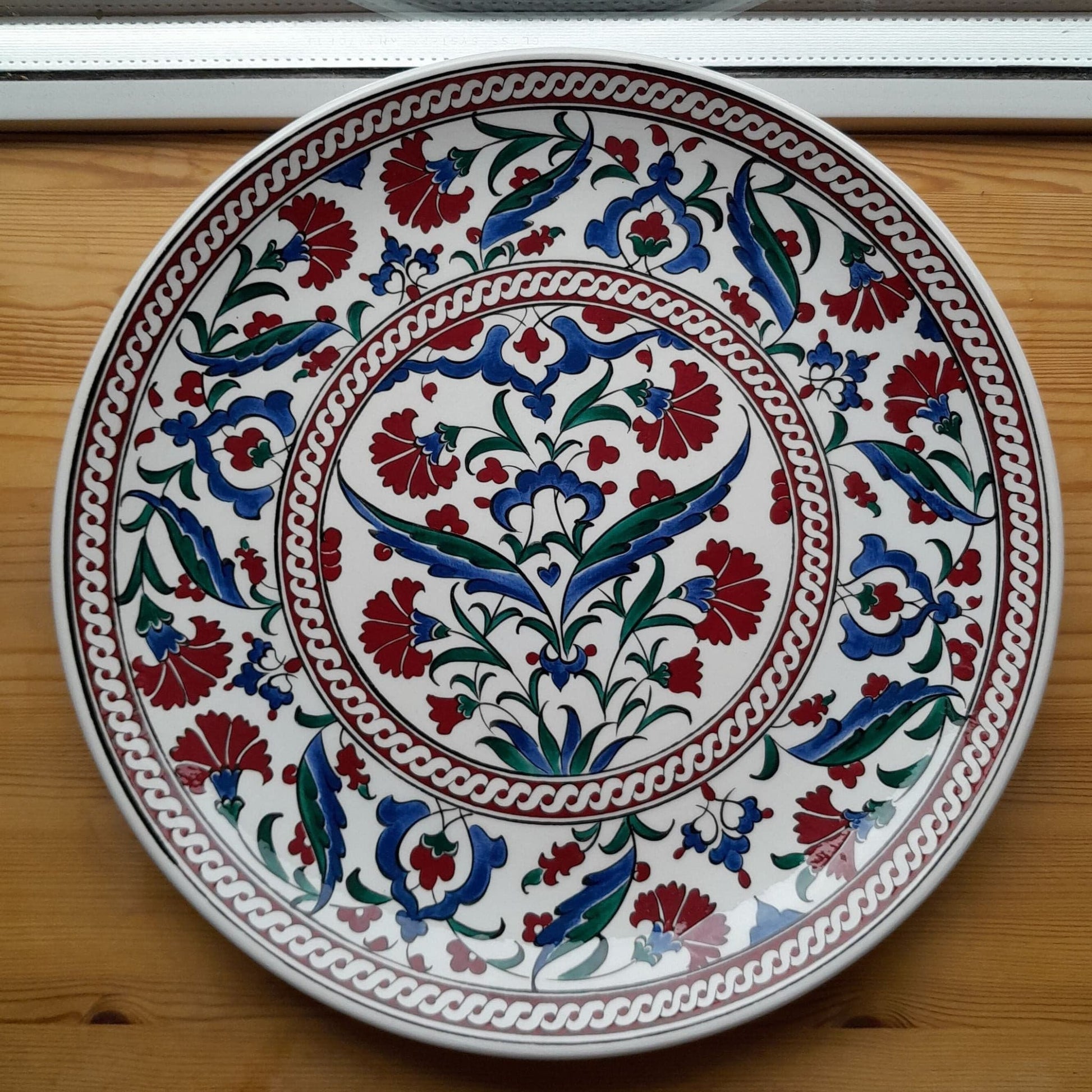 Large Iznik ceramic  plate, handmade, carnation design, red, cobalt blue, green and turquoise  colour floral motifs  comes in a velvet gift box