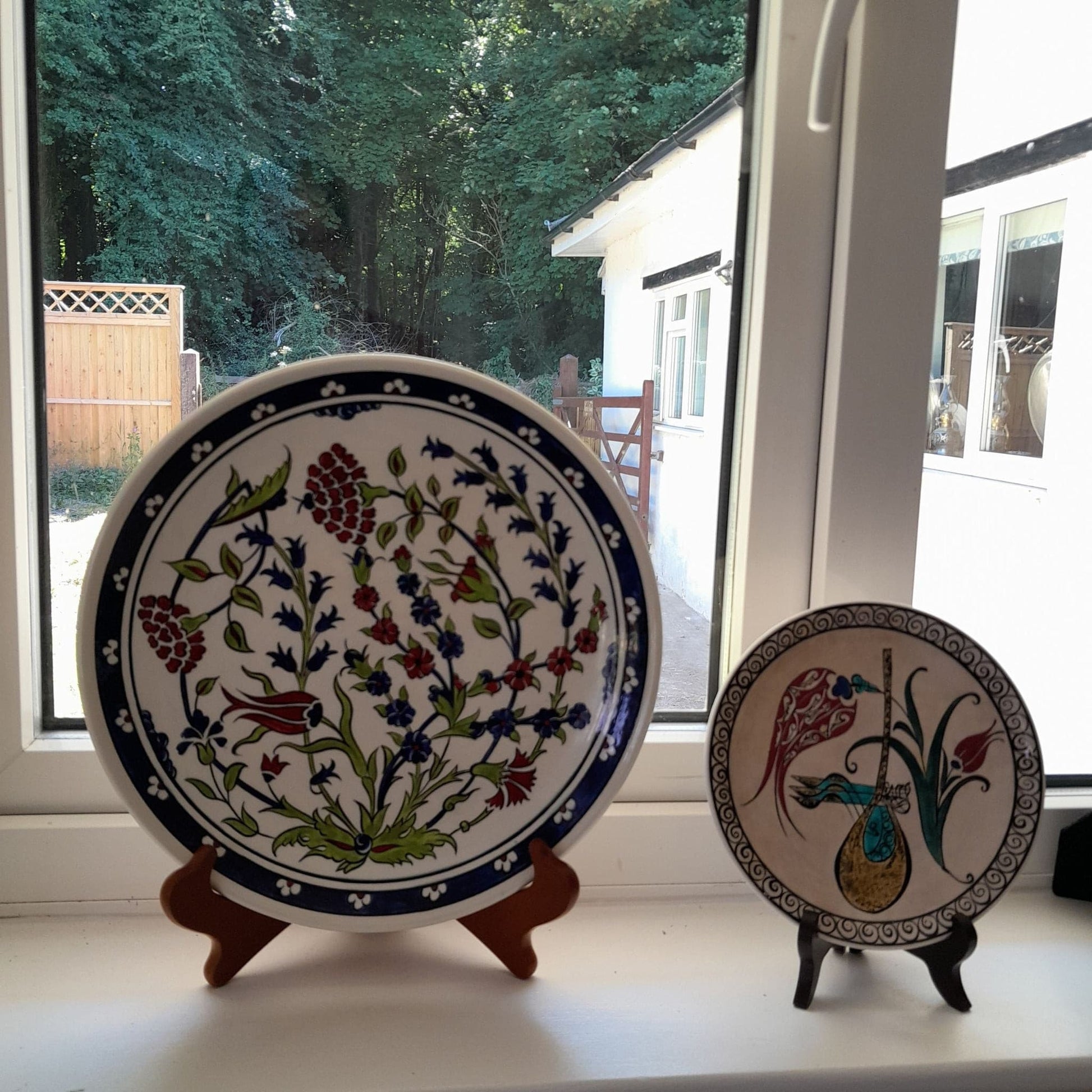 Large iznik ceramic plate, handmade, floral design, cobalt blue, red and sage green motifs