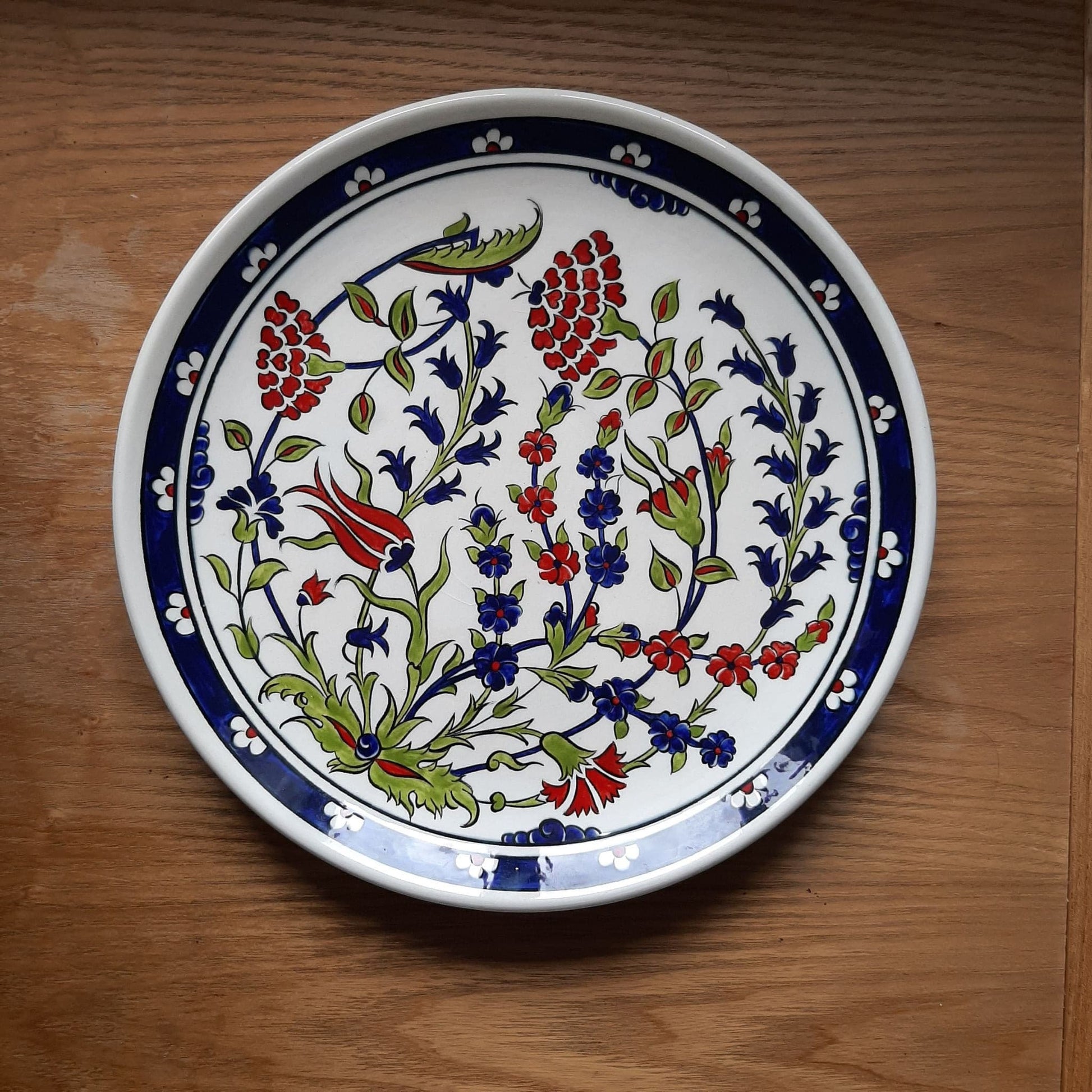 Large iznik ceramic plate, handmade, floral design, cobalt blue, red and sage green motifs