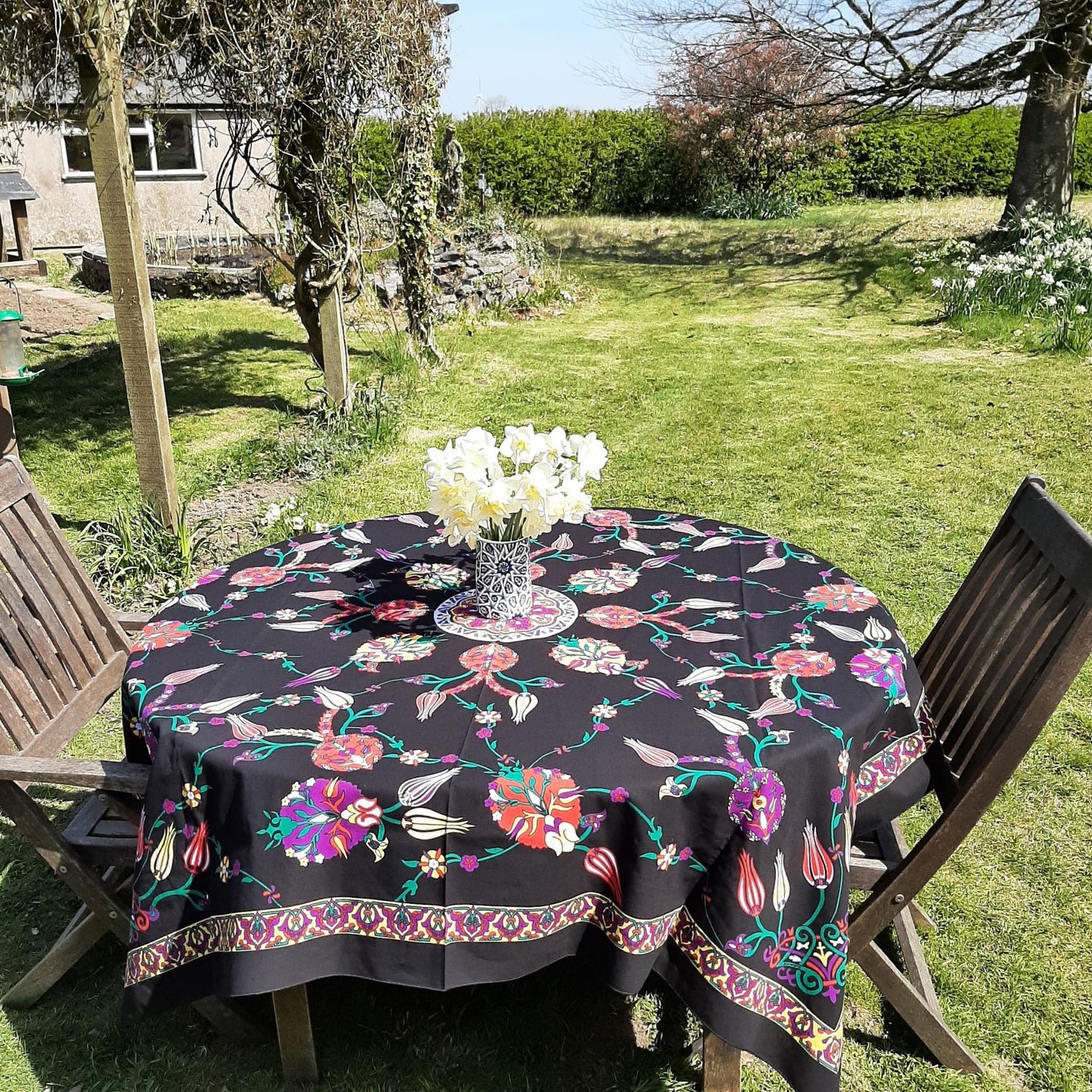 large Turkish cotton tablecloth, black colour, multi colour tulip floral motifs