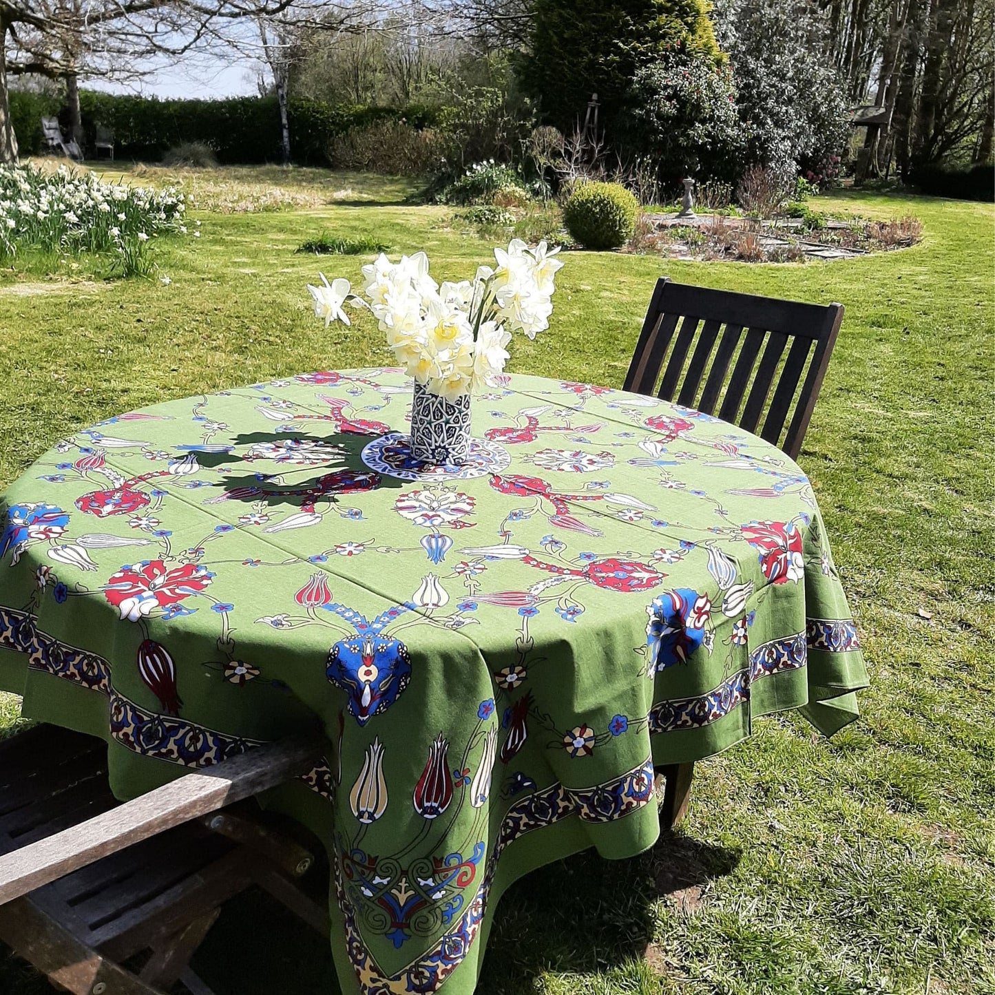 large Turkish cotton tablecloth, olive green colour, multi colour tulip floral  motifs
