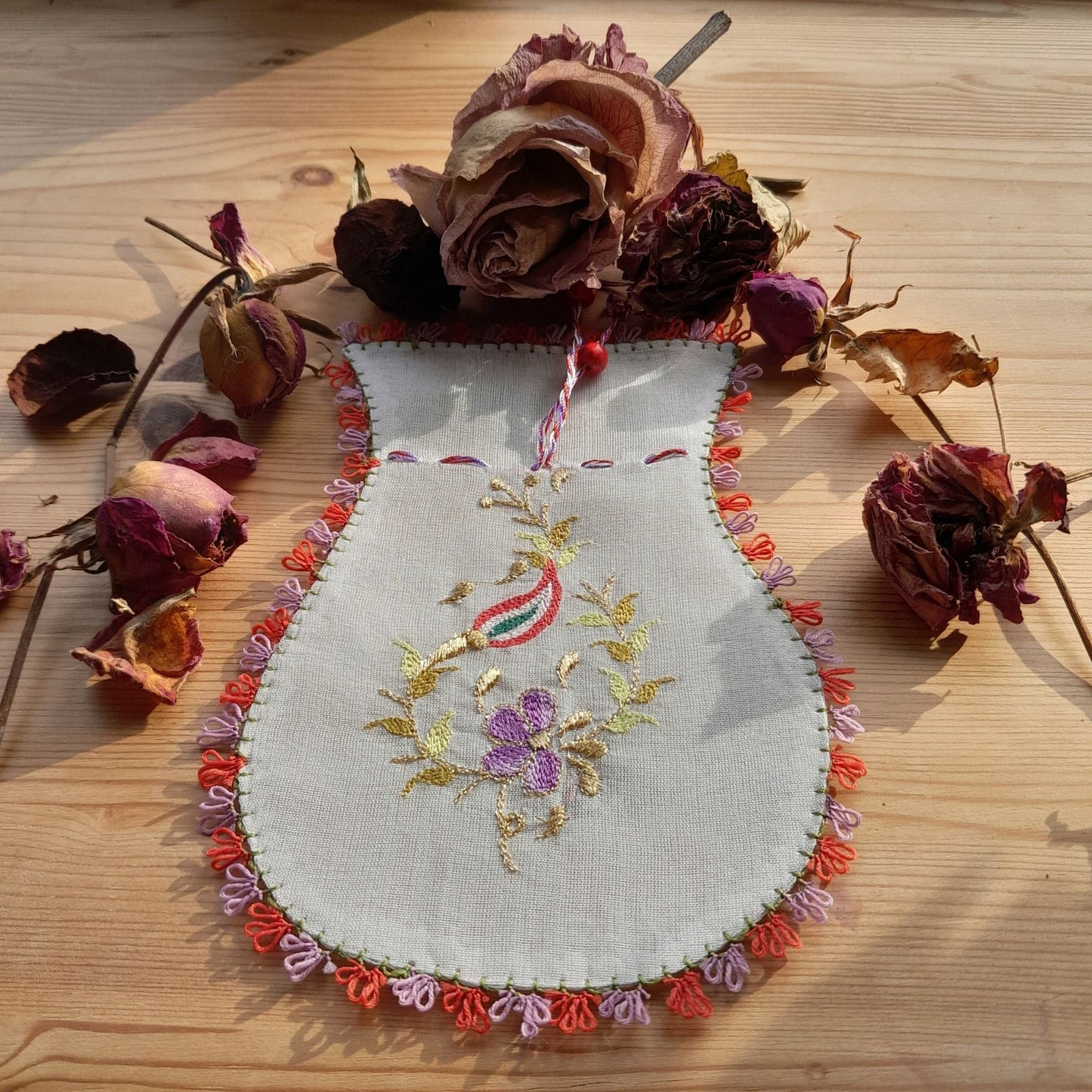 Small Handmade Turkish Silk Pouches, lilac and orange flower motif, cream colour organza, traditional Turkish floral design, needle lace hem, embroidered floral pattern