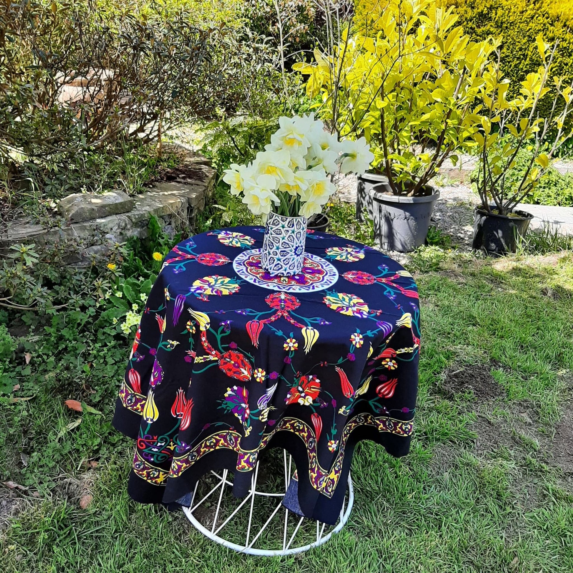 Small Turkish cotton tablecloth,  black colour, tile inspired floral motifs