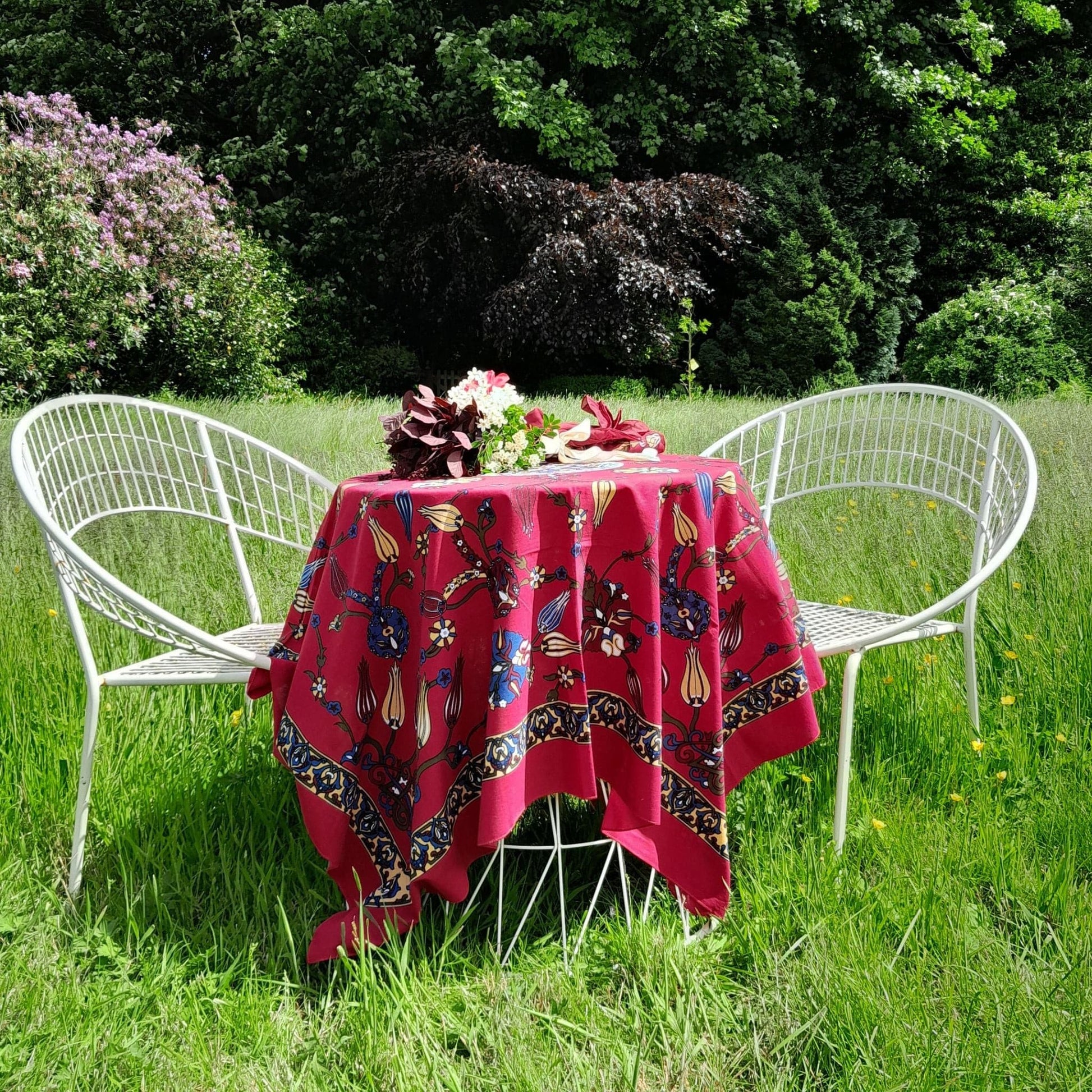 Small Turkish cotton tablecloth, cardinal red colour, tile inspired floral motifs