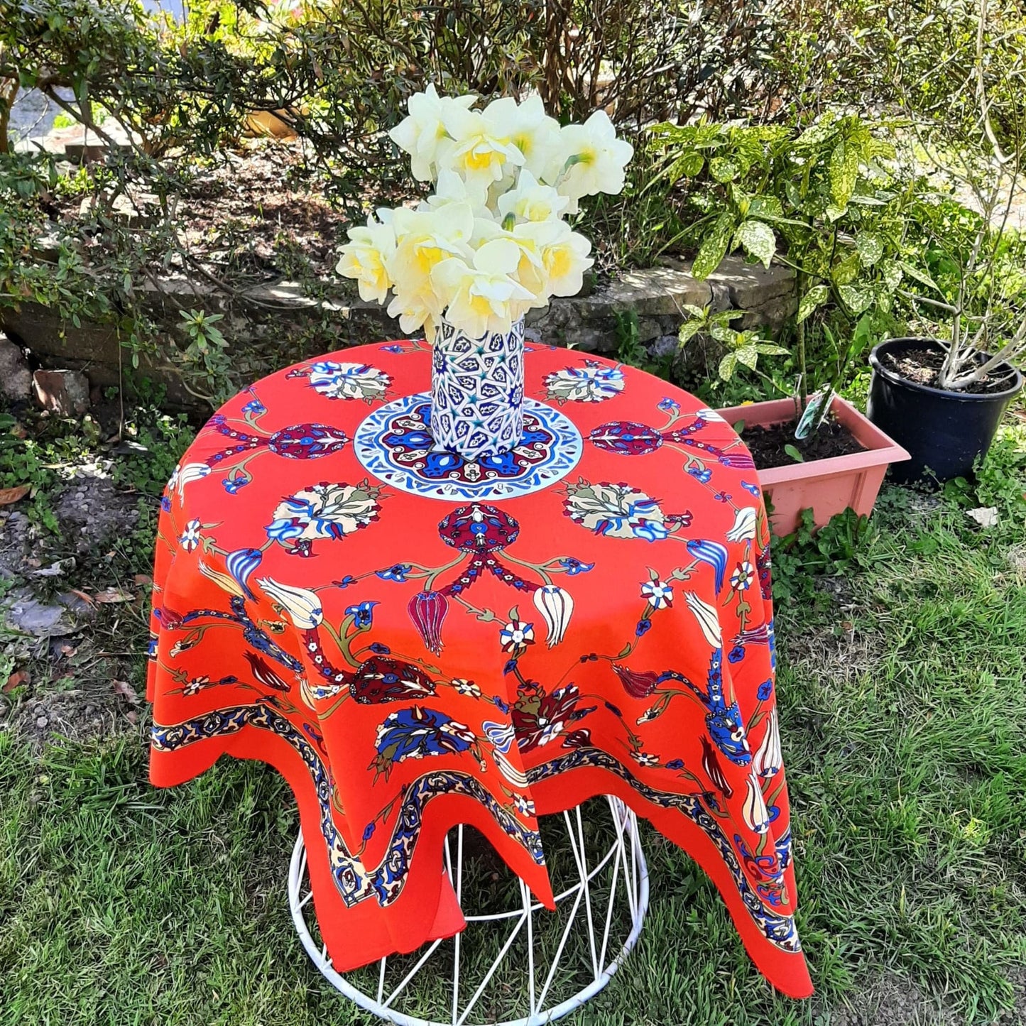 Small Turkish cotton tablecloth, orange colour, tile inspired floral motifs