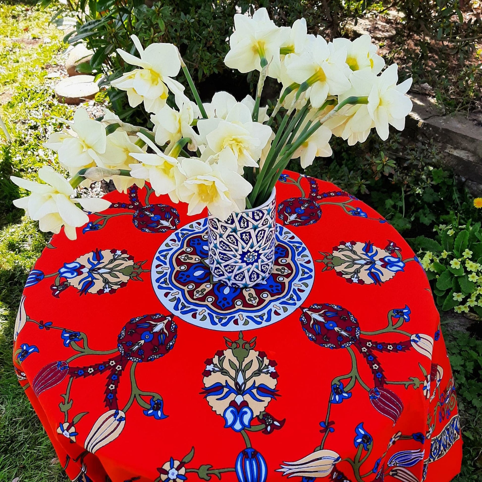 Small Turkish cotton tablecloth, scarlet red colour, tile inspired floral motifs