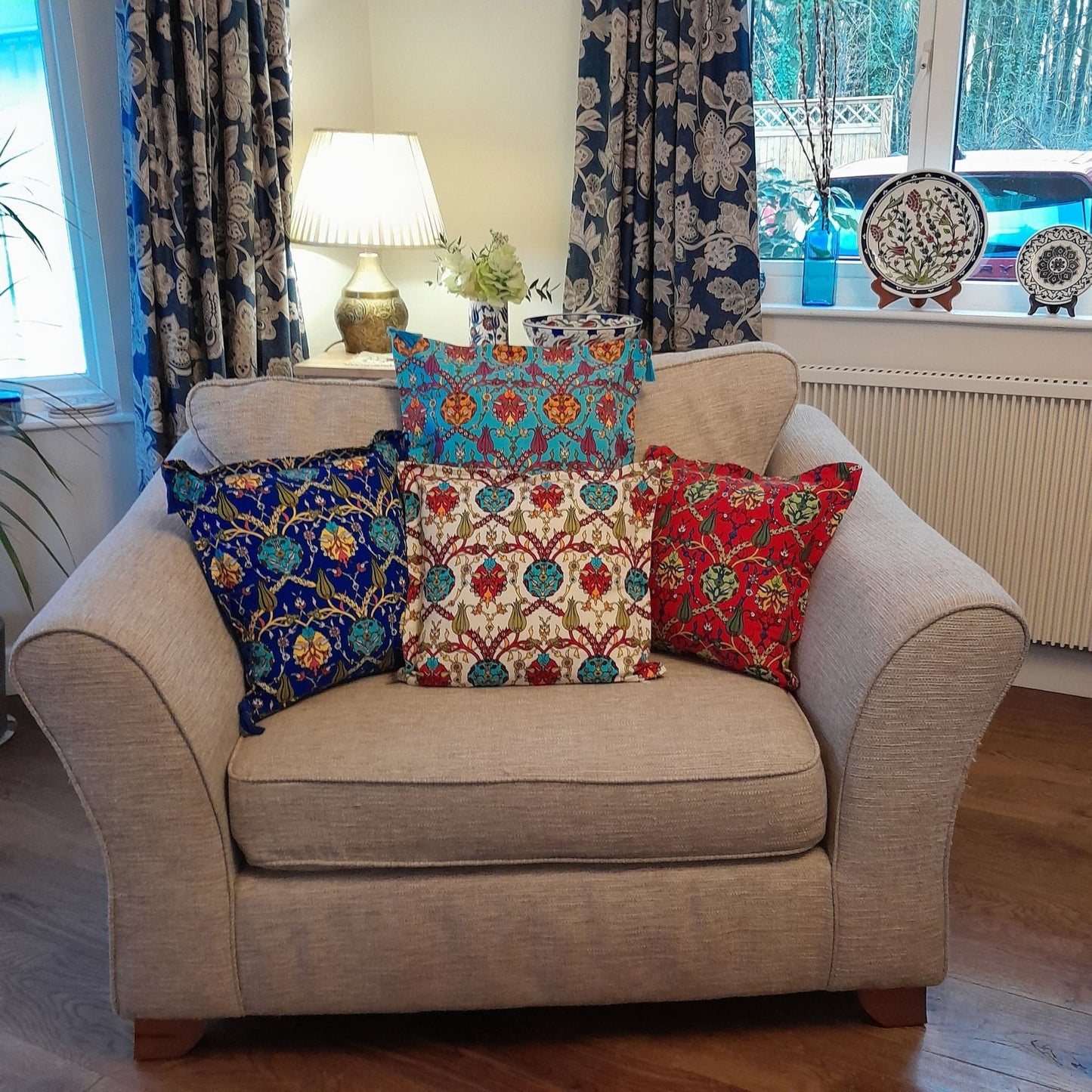 Turkish cotton cushion cover sets, turquoise, red, azure blue and red colours, tile inspired floral design