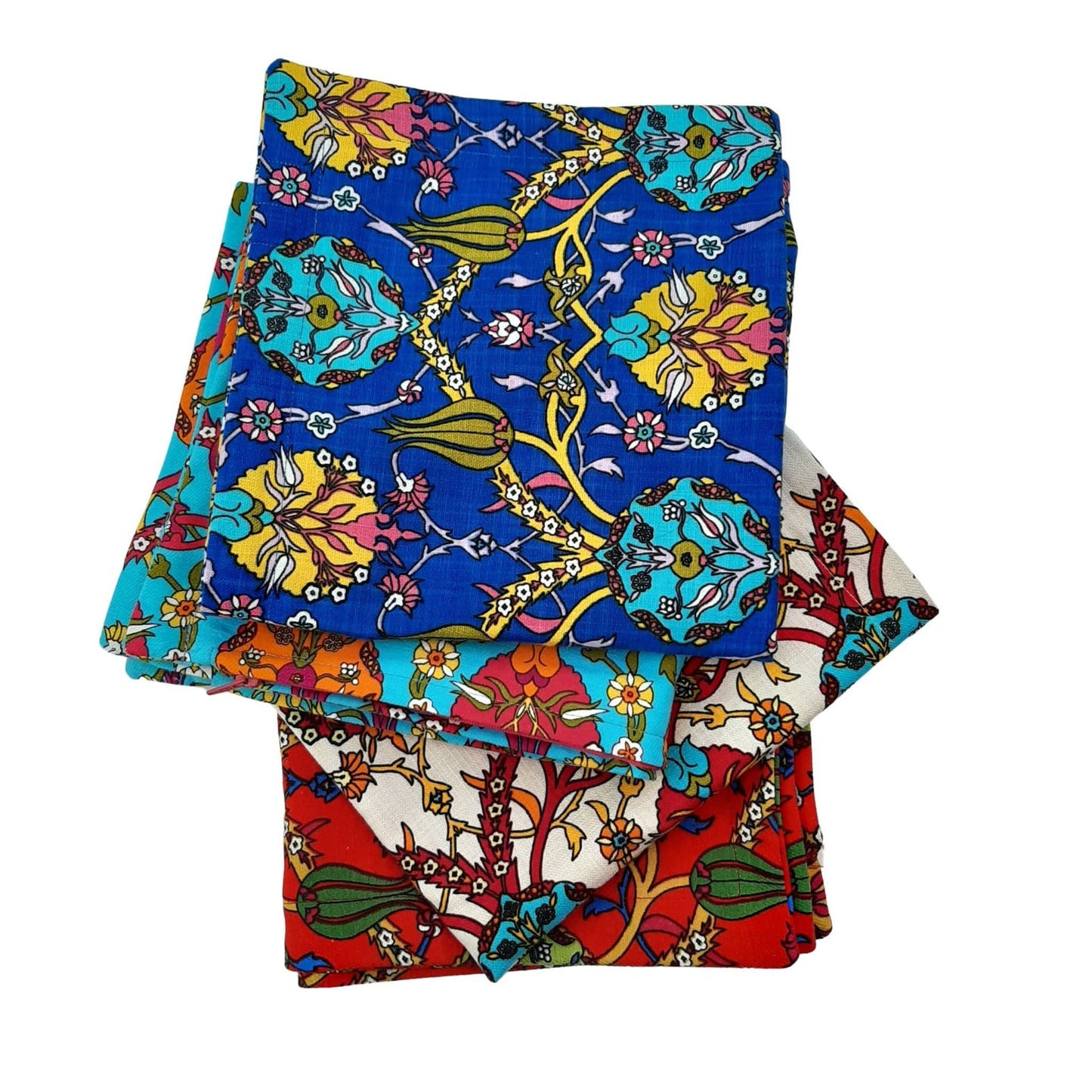 Turkish cotton cushion cover sets, azure blue, turquoise, red and soft white colours, tile inspired floral motifs