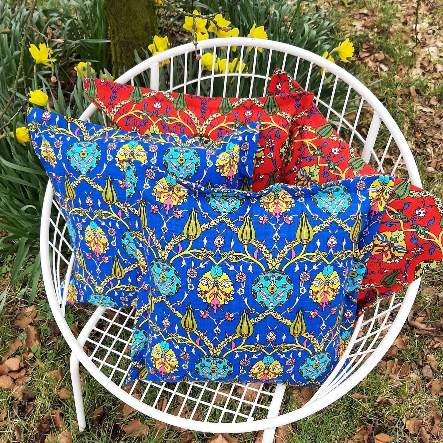 Turkish cotton cushion cover sets, azure blue colour, tile inspired floral motifs