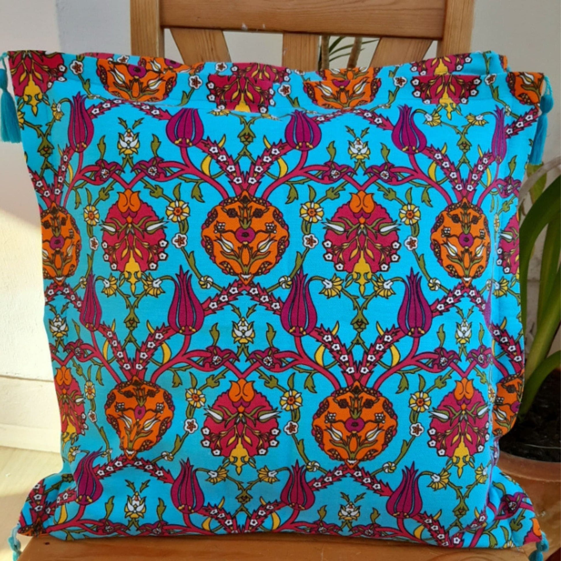 Turkish cotton cushion cover sets, turquoise colour, tile inspired floral motifs