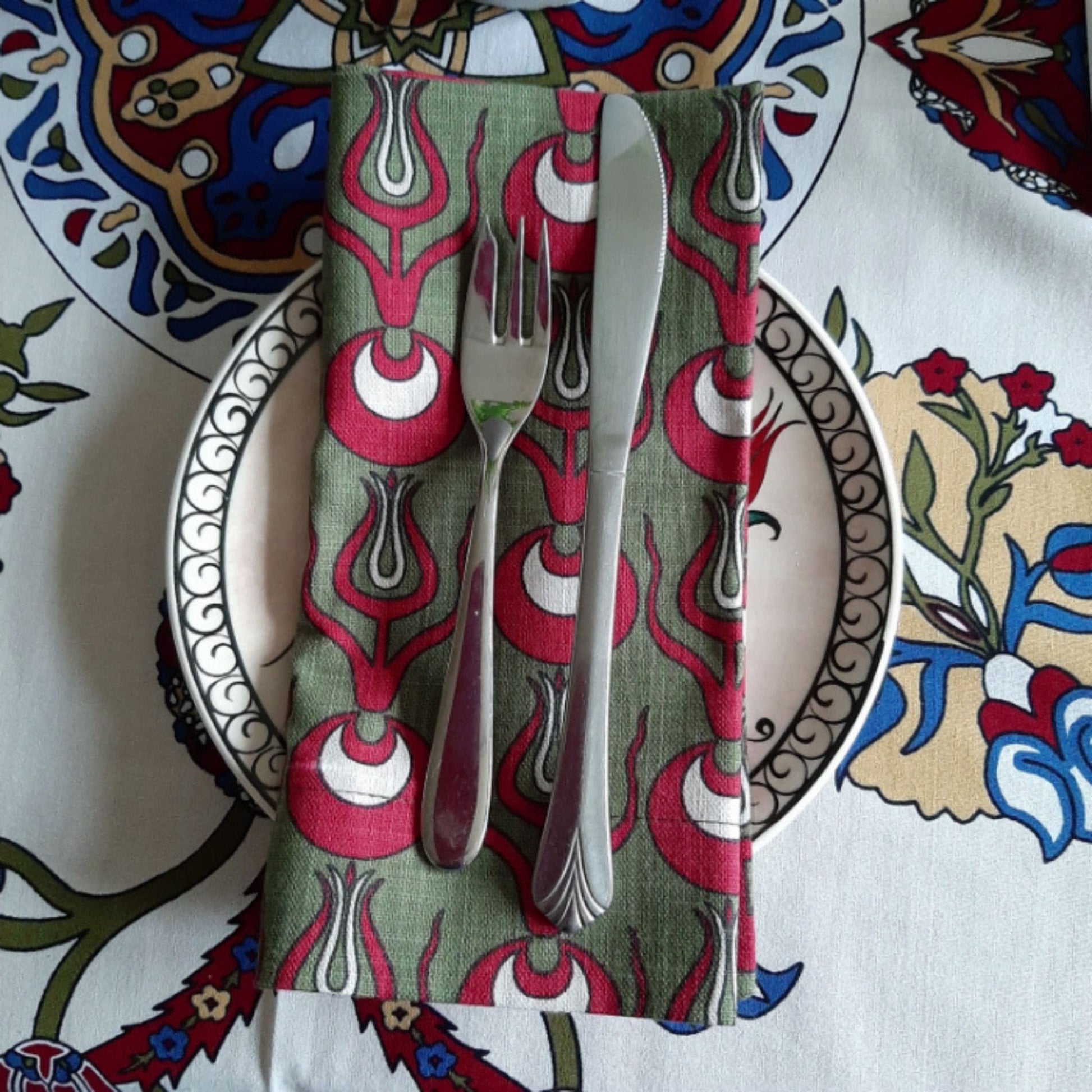 Turkish linen napkins, olive green colour, tulip design